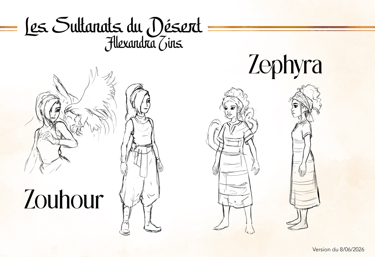 Chroquis de Zouhour, Zephyra et leurs totems, réalisés par Anne